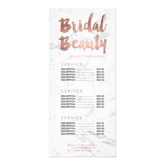 Bridal beauty gold typography marble price list rack card (Front)