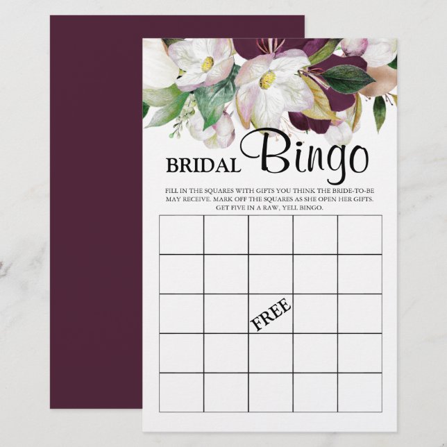 Bridal Bingo burgundy floral Bridal Game (Front/Back)