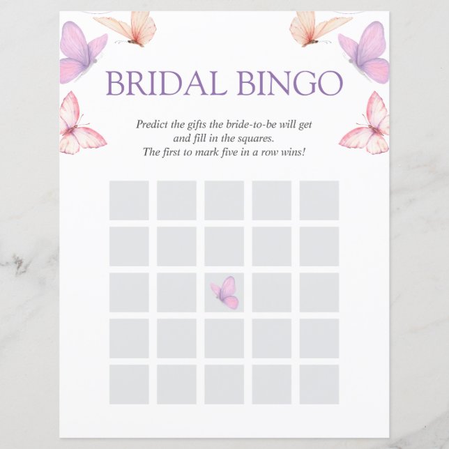 Bridal Bingo Butterflies Bridal Shower Game (Front)