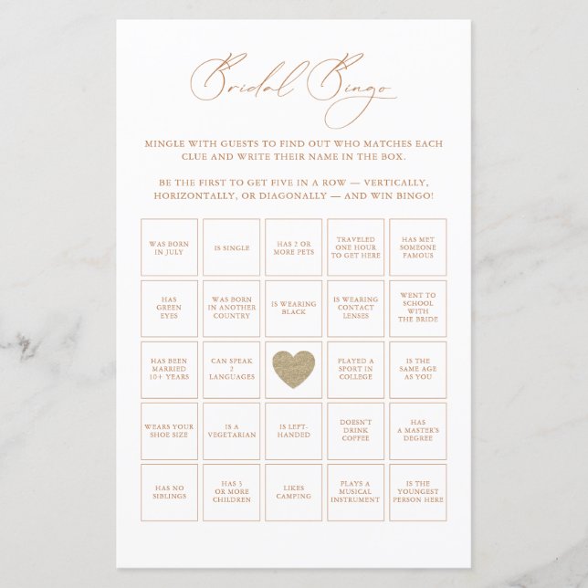 Bridal Bingo Elegant Bridal Shower Game (Front)