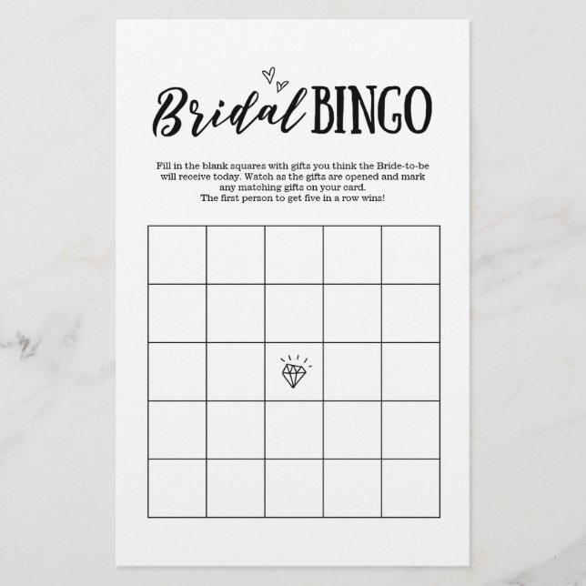 Bridal Bingo Game for Wedding or Bridal Shower (Front)