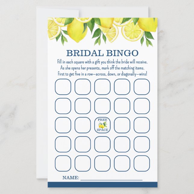 Bridal Bingo Lemon Bridal Shower Game (Front)