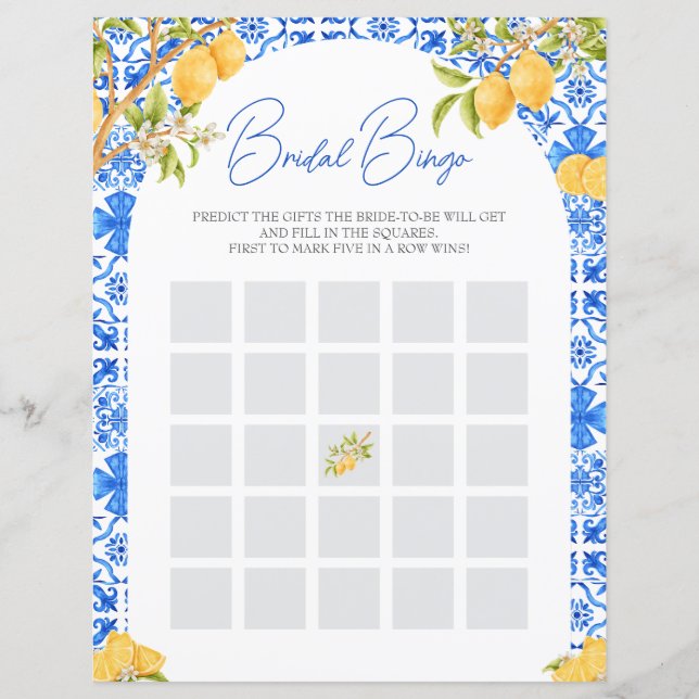 Bridal Bingo Lemon Italian Shower Game Paper Sheet (Front)