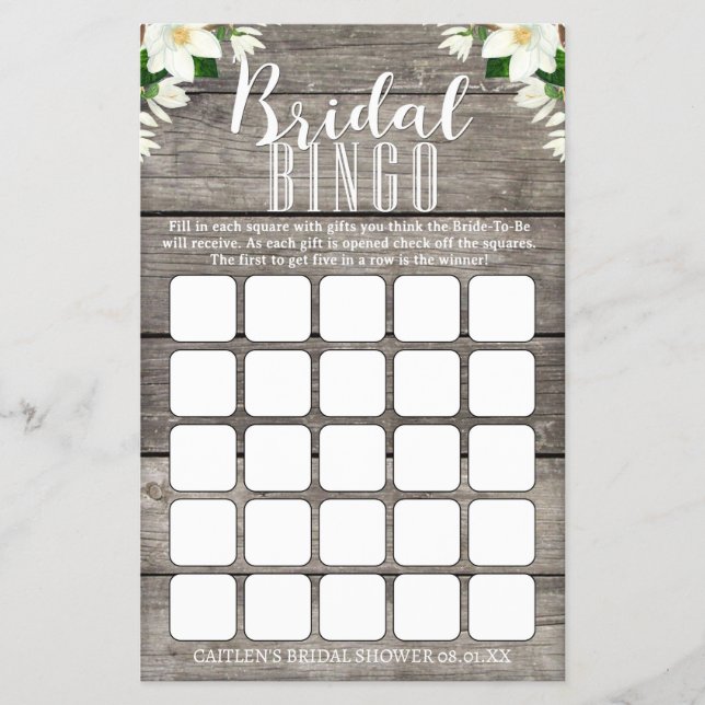 Bridal Bingo Magnolia Flower Rustic Shower Flyer (Front)