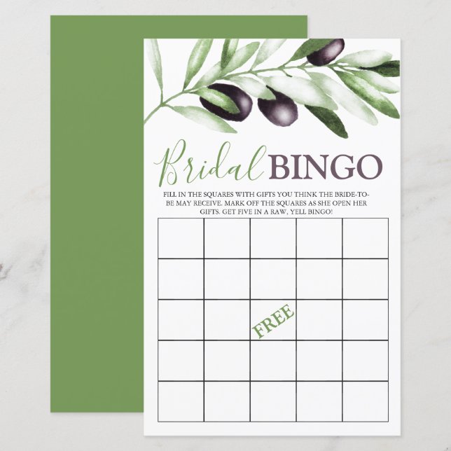 Bridal Bingo Olive Branch Bridal Shower Game  (Front/Back)