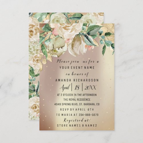 Bridal Birthday Flower Gold Mint Rose Gold Painted Invitation