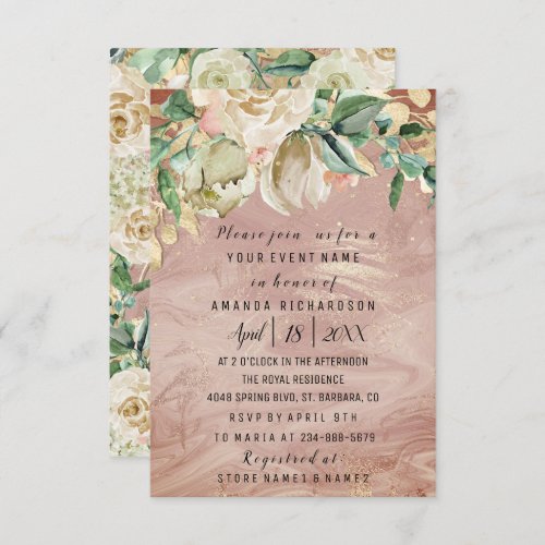 Bridal Birthday Flower Gold Mint Rose Marble Frame Invitation