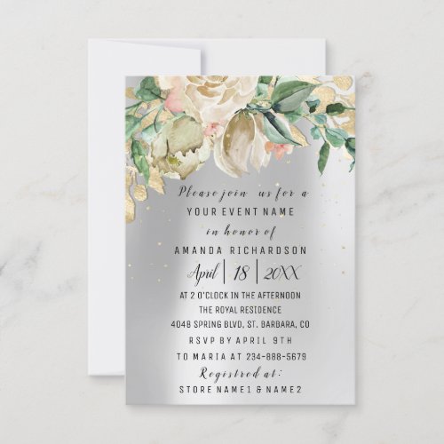 Bridal Birthday Flower Gold Mint Silver Gray Paint Invitation