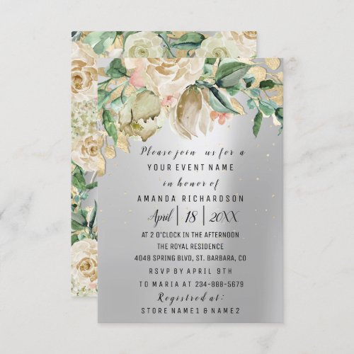 Bridal Birthday Flower Gold Mint Silver Gray Paint Invitation