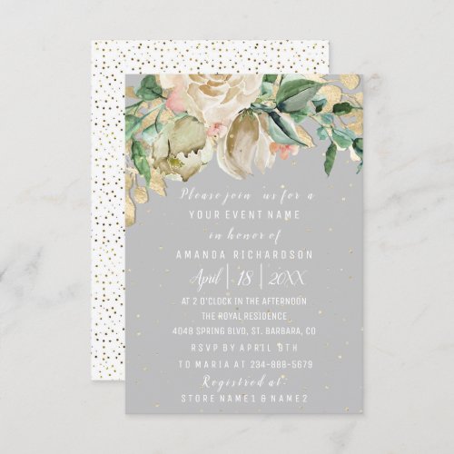 Bridal Birthday Flowers Gold Mint Gray Watercolor Invitation
