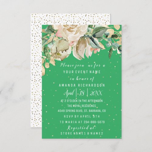 Bridal Birthday Flowers Gold Mint Green Watercolor Invitation