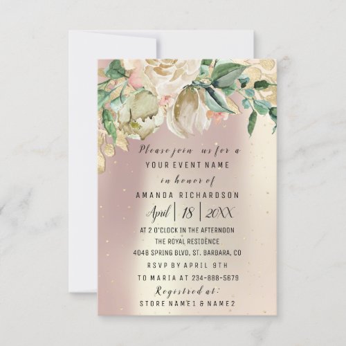 Bridal Birthday Flowers Gold Mint Rose Gold Blush Invitation