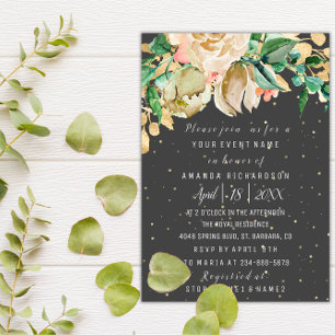 Bridal Birthday Flowers Gold Mint White Watercolor Invitation