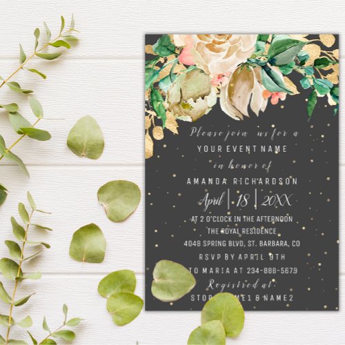 Bridal Birthday Flowers Gold Mint White Watercolor Invitation