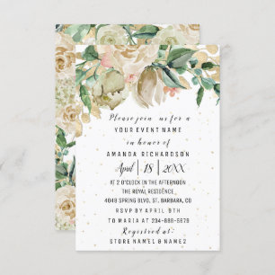 Bridal Birthday Flowers Gold Mint White Watercolor Invitation