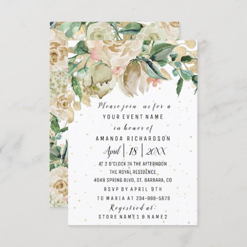 Bridal Birthday Flowers Gold Mint White Watercolor Invitation