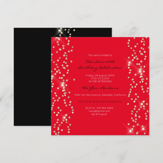 Bridal Birthday Gold Confetti Crystals Black Red Invitation (Front/Back)
