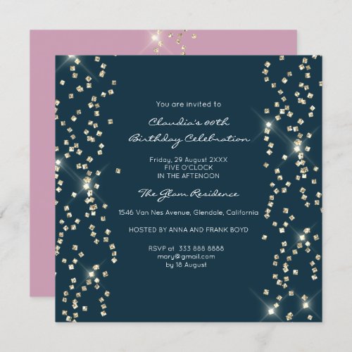 Bridal Birthday Gold Confetti Crystals Blue Pink Invitation