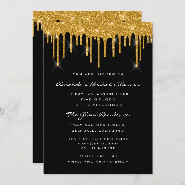 Bridal Birthday Party Gold Black Drips Elegant Invitation (Front/Back)