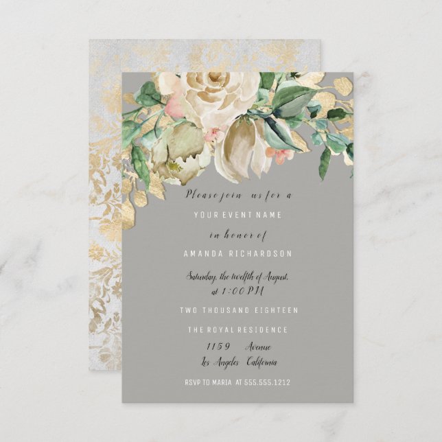Bridal Birthday Party Rose Paint Floral Gray Gray Invitation (Front/Back)
