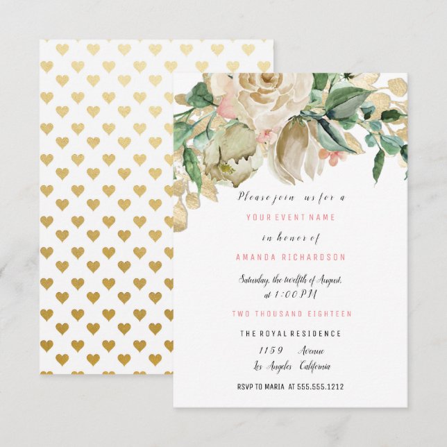Bridal Birthday Party Rose Paint Floral Hearts Invitation (Front/Back)