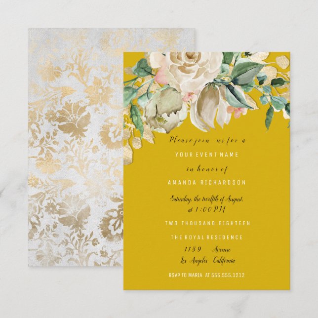 Bridal Birthday Party Rose Paint Floral Mustard Invitation (Front/Back)