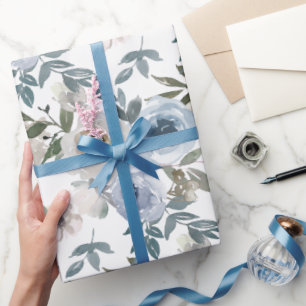 Bridal Blue and White Watercolor Roses Wrapping Paper