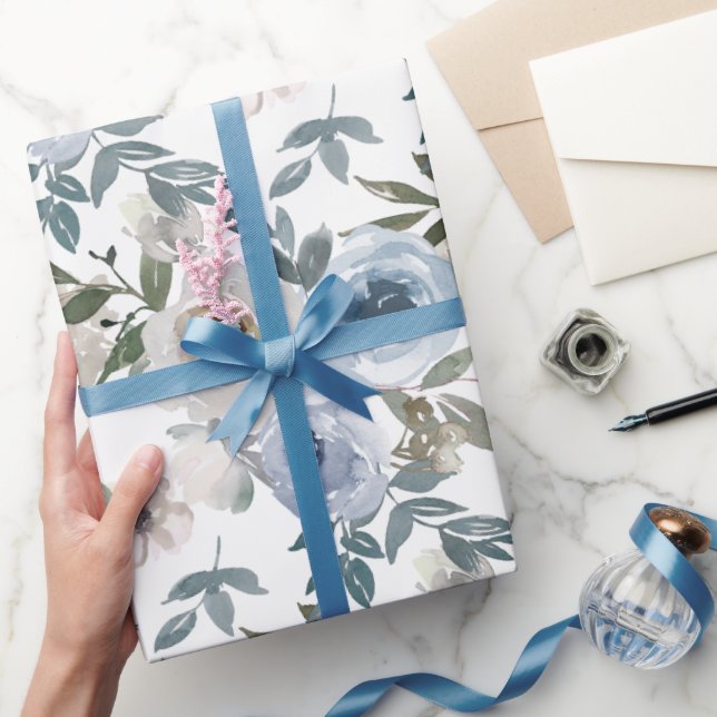 Bridal Blue and White Watercolor Roses  Wrapping Paper (Gifting)