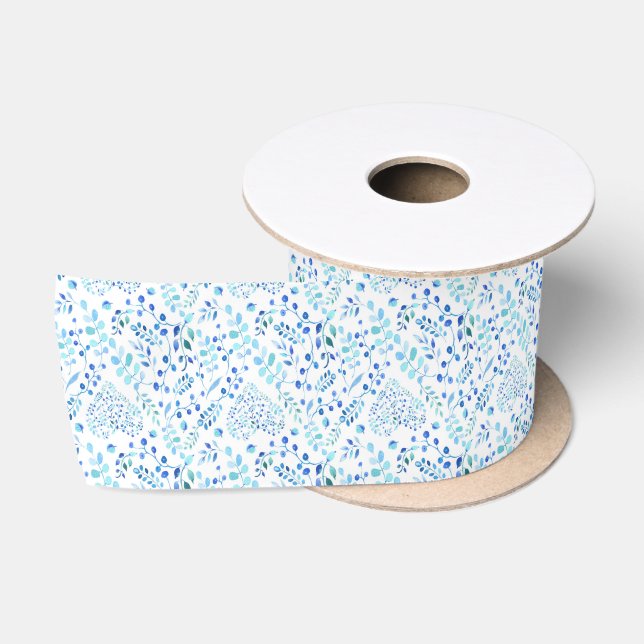 Bridal Blue Watercolor Leaves and Heart Shapes  Satin Ribbon (Spool)