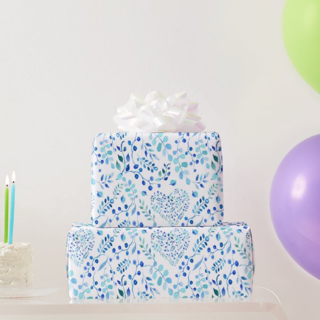 Bridal Blue Watercolor Leaves and Heart Shapes  Wrapping Paper (Party Gifts)