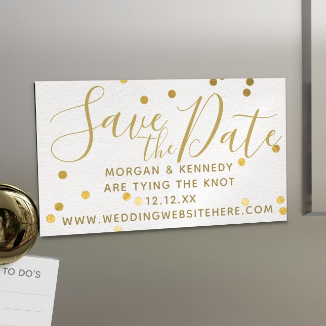 Bridal Blush Gold Confetti Magnetic Save The Dates Business Card Magnet (Add your Save the Date details to this pretty blush pink and gold business card sized magnets)