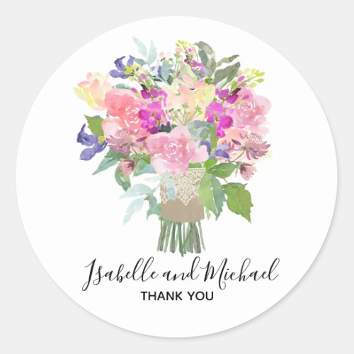 Bridal Bouquet Personalized Wedding Thank You Classic Round Sticker