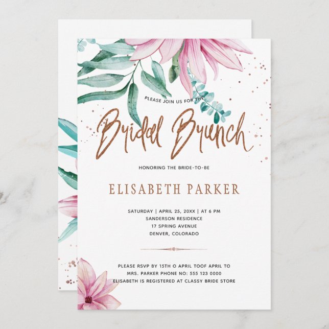 Bridal brunch blush pink copper gold bridal shower invitation (Front/Back)