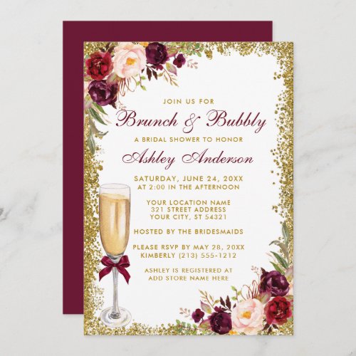 Bridal Brunch Bubbly Burgundy Floral Gold Glitter Invitation