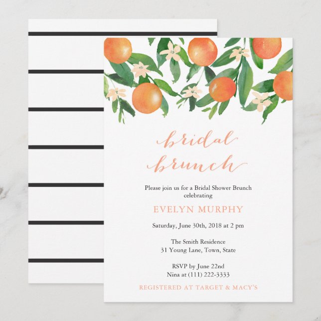 Bridal Brunch Citrus Charcoal Stripes Invitation (Front/Back)