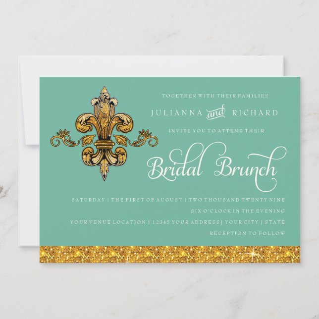 Bridal Brunch Faux Gold Teal Formal Fleur de Lis Invitation (Back)