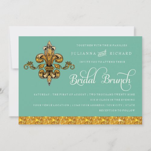 Bridal Brunch Faux Gold Teal Formal Fleur de Lis Invitation