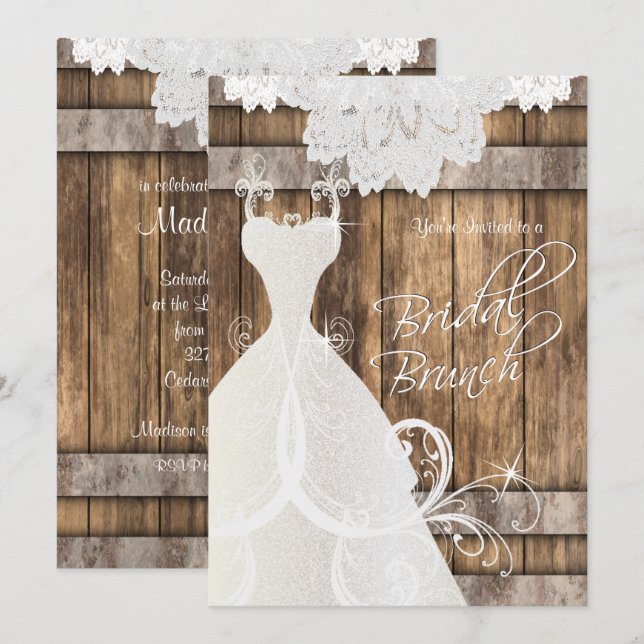 Bridal Brunch in Rustic Wood and Lace Invitation (Front/Back)