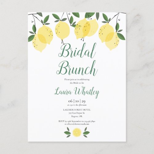 Bridal Brunch Lemon Bridal Shower Announcement Postcard - Featuring lemons greenery, this stylish botanical bridal brunch bridal shower invitation can be personalised with your special event information. Designed by Thisisnotme©