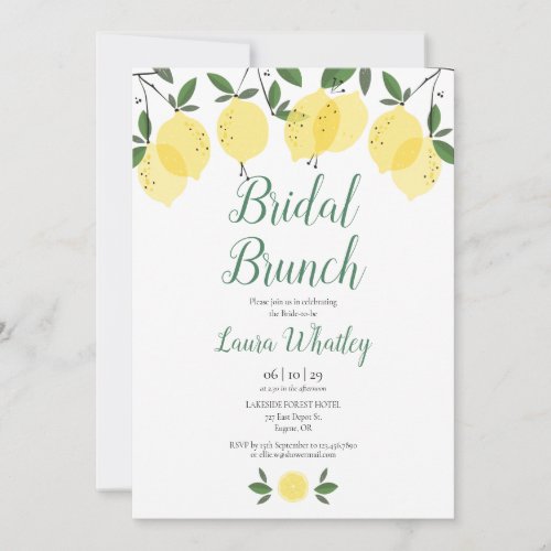 Bridal Brunch Lemon Bridal Shower Invitation - Featuring lemons greenery, this stylish botanical bridal shower bridal brunch invitation can be personalised with your special event information and your monogram initials on the reverse. Designed by Thisisnotme©