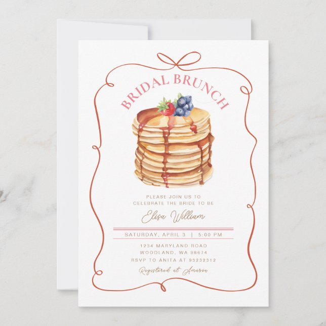 Bridal Brunch Pancake Red Conquette Whimsical Invitation (Front)