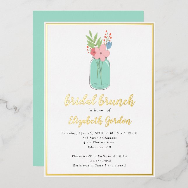 Bridal Brunch Shower Mason Jar Flowers Gold Foil Invitation (Front/Back)