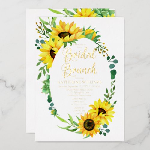 Bridal Brunch Sunflowers  Eucalyptus Floral Frame Foil Invitation