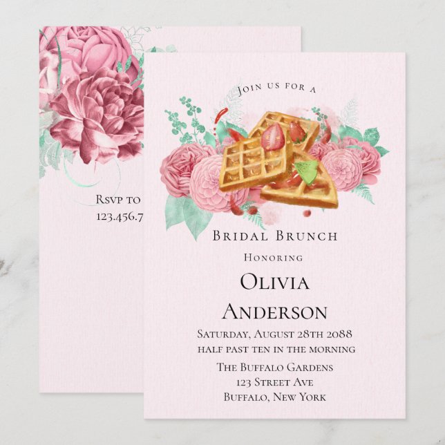 Bridal Brunch Waffles Pink and Mint Invitation (Front/Back)