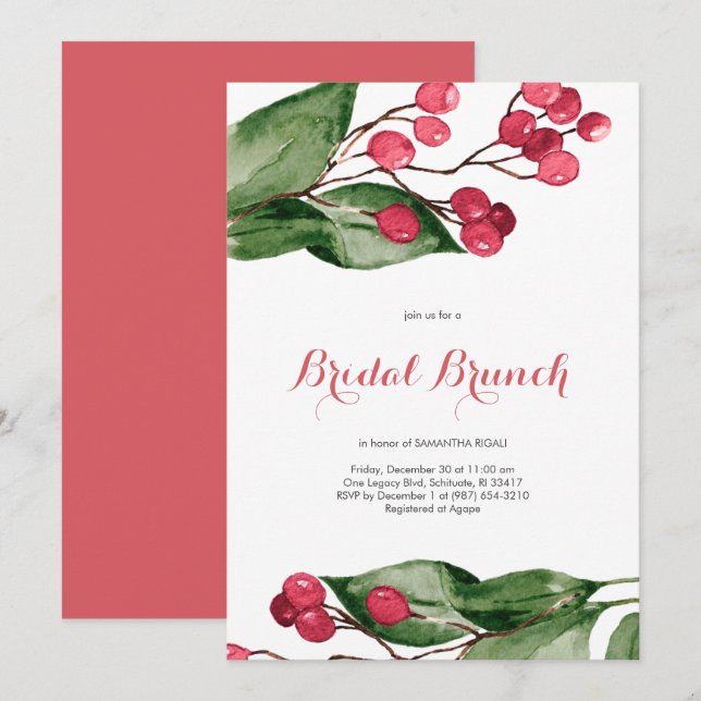 Bridal Brunch Watercolor Berries Christmas Party Invitation (Front/Back)
