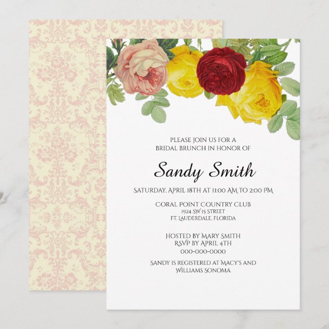 Bridal Brunch with Pretty Roses Floral  Invitation (Front/Back)