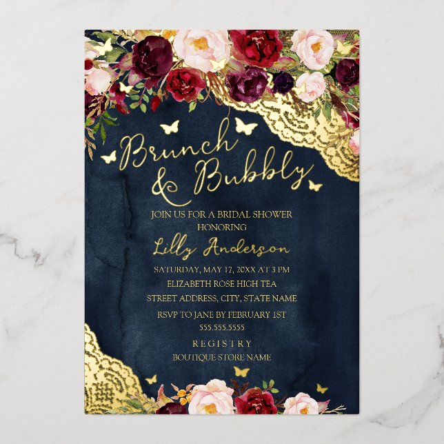 Bridal Burgundy Navy Gold Lace Brunch And Bubbly  Foil Invitation (Front)