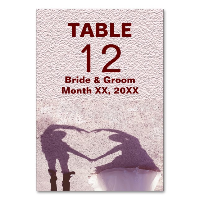 Bridal Couple Silhouette Heart in Sand Wedding Table Number (Front)