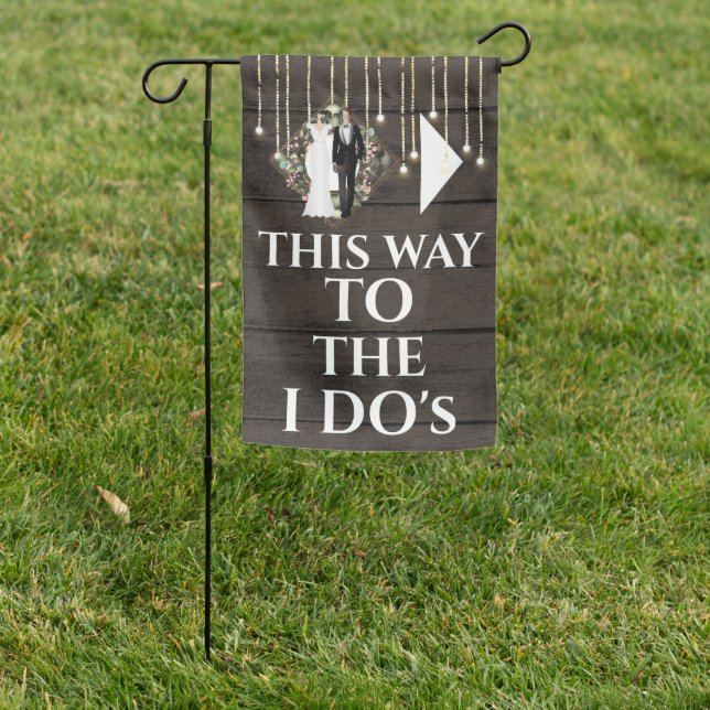 Bridal couple string lights floral wreath brown garden flag (In SItu)