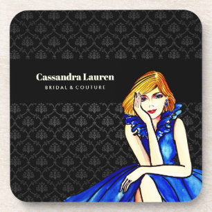 Bridal Dark Royal Blue Cocktail Gown Black Damask Beverage Coaster